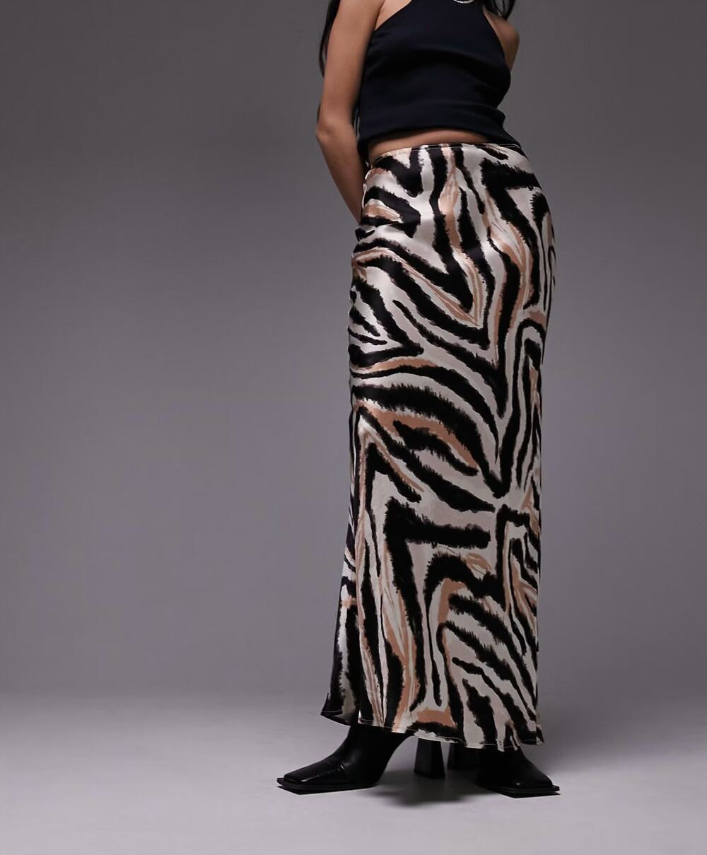Topshop Tiger Animal Print Maxi Bias Satin High Rise A-line Skirt in Multi, sz 4